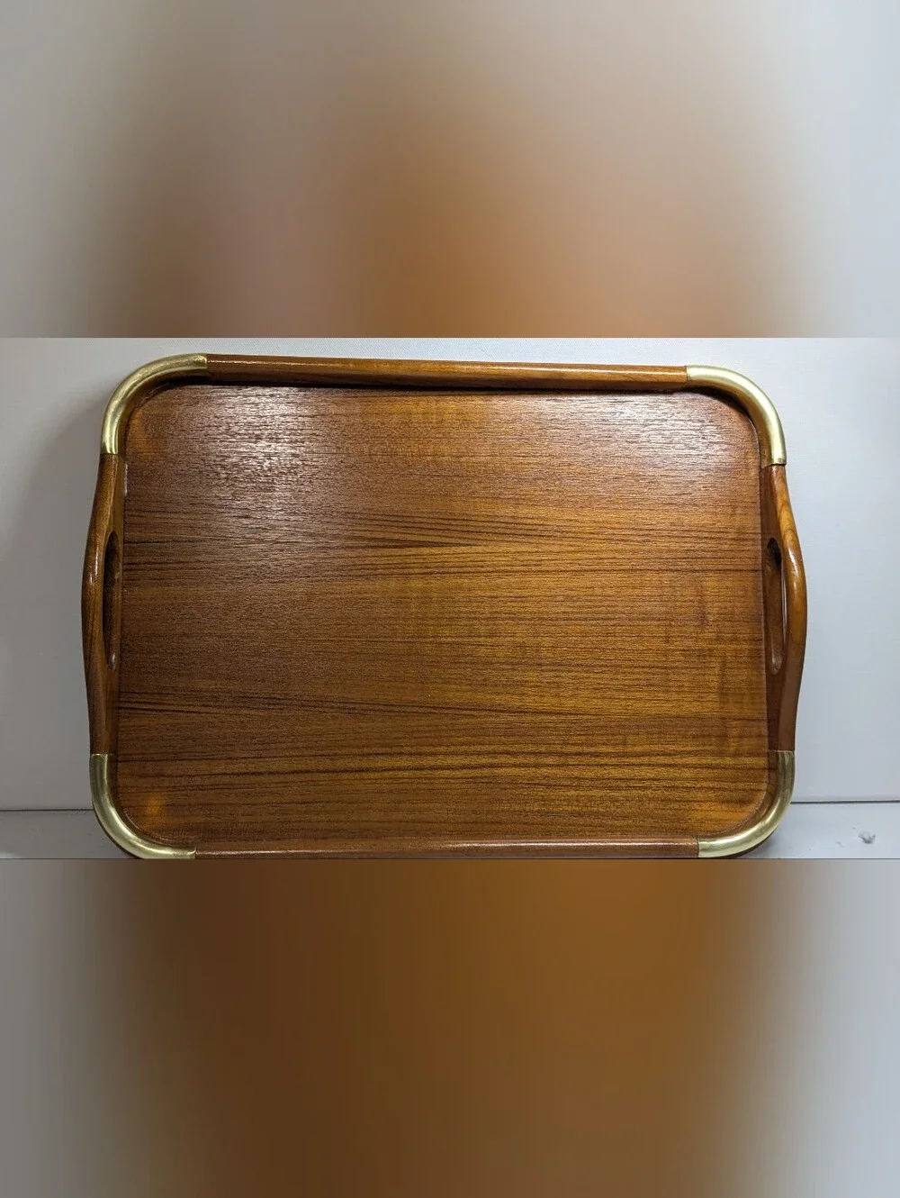 Vintage Teakwood Serving Tray with Brass Corners – Large MCM